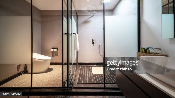 the bathroom of a luxury mansion - bathroom arrangement stock pictures, royalty-free photos & images