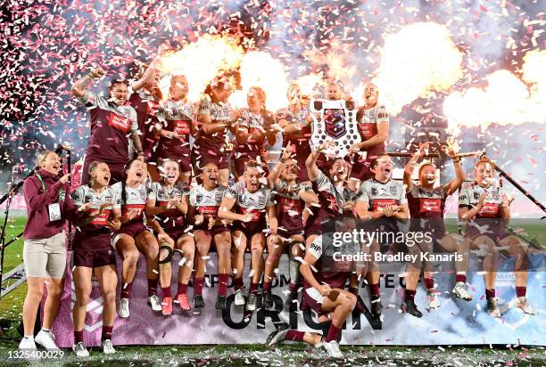 The Queensland team celebrates victory after the Women's Rugby League State of Origin match at the Sunshine Coast Stadium on June 25, 2021 in...