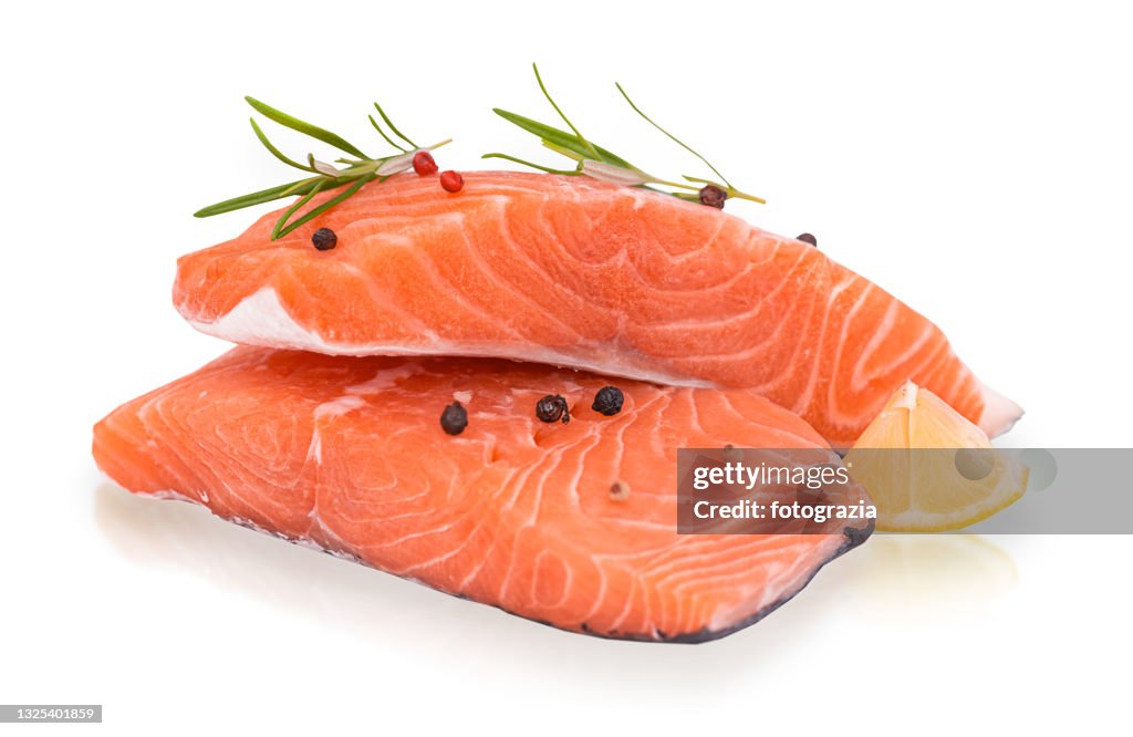 Fresh Salmon Pieces Isolated on White Background