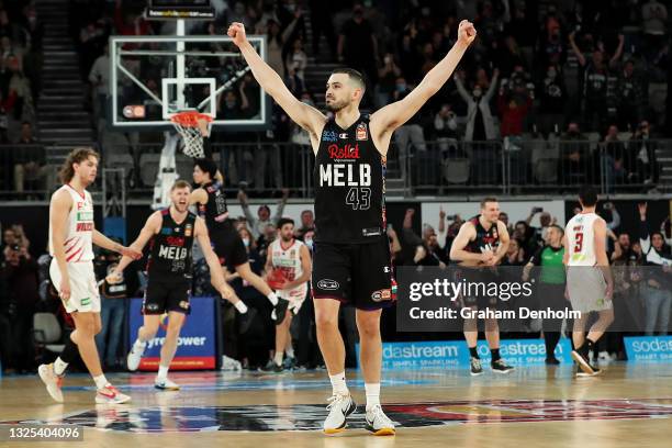 Chris Goulding of Melbourne United celebrates victory during game three of the NBL Grand Final Series between Melbourne United and the Perth Wildcats...