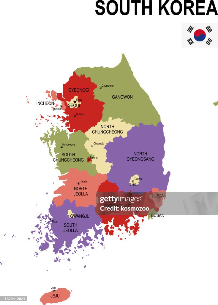 South Korea colorful flat map with flag