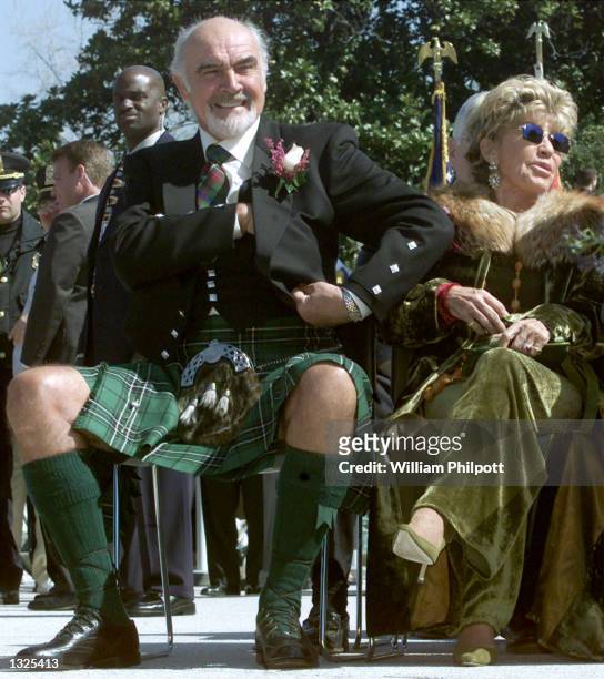 Actor Sean Connery and his wife Micheline attend a ceremony where Connery was honored with the William Wallace Award April 5, 2001 on the steps of...