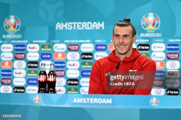 In this handout picture provided by UEFA, Gareth Bale of Wales speaks to media during the Wales Press Conference ahead of the UEFA Euro 2020 Round of...