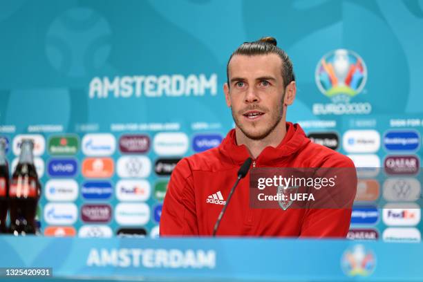 In this handout picture provided by UEFA, Gareth Bale of Wales speaks to media during the Wales Press Conference ahead of the UEFA Euro 2020 Round of...