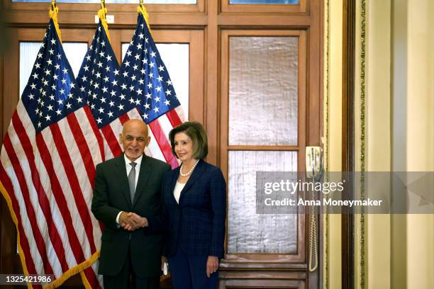 Speaker of the House Nancy Pelosi and President of Afghanistan Ashraf Ghani pose for a photo before a meeting at the U.S. Capitol on June 25, 2021 in...