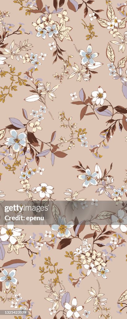 PrintSeamless pattern with image of a pink "Salmon Dream" Peony, Hydrangea flowers and leaves on a light beige background. Vector illustration.