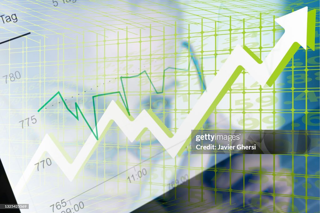 Economy graph: rising arrow and executive woman.