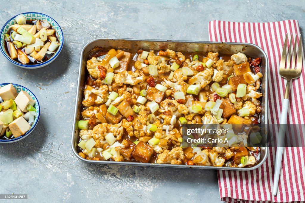 Baked Kung Pao Cauliflower and tofu