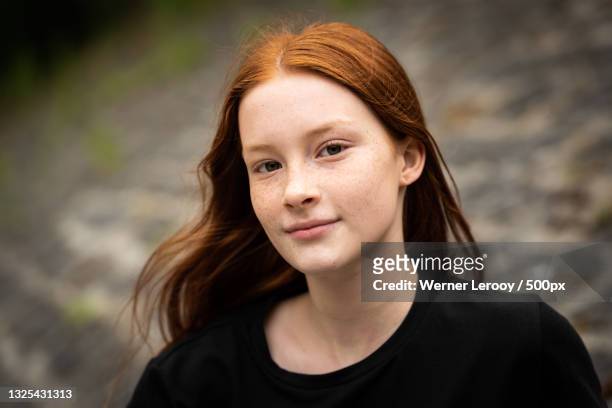 portrait of a teen girl in the forest,jette,belgium - freckle girl stock pictures, royalty-free photos & images