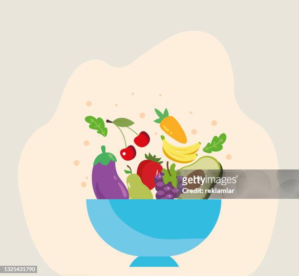 stockillustraties, clipart, cartoons en iconen met fresh summer fruits and vegetables of greens, berries and vegetables sprinkled in a deep plate. . vector realistic illustration isolated on white and pink background. illustration of ripe vegetables and sweet fruits on a blue plate. - vegetarian food