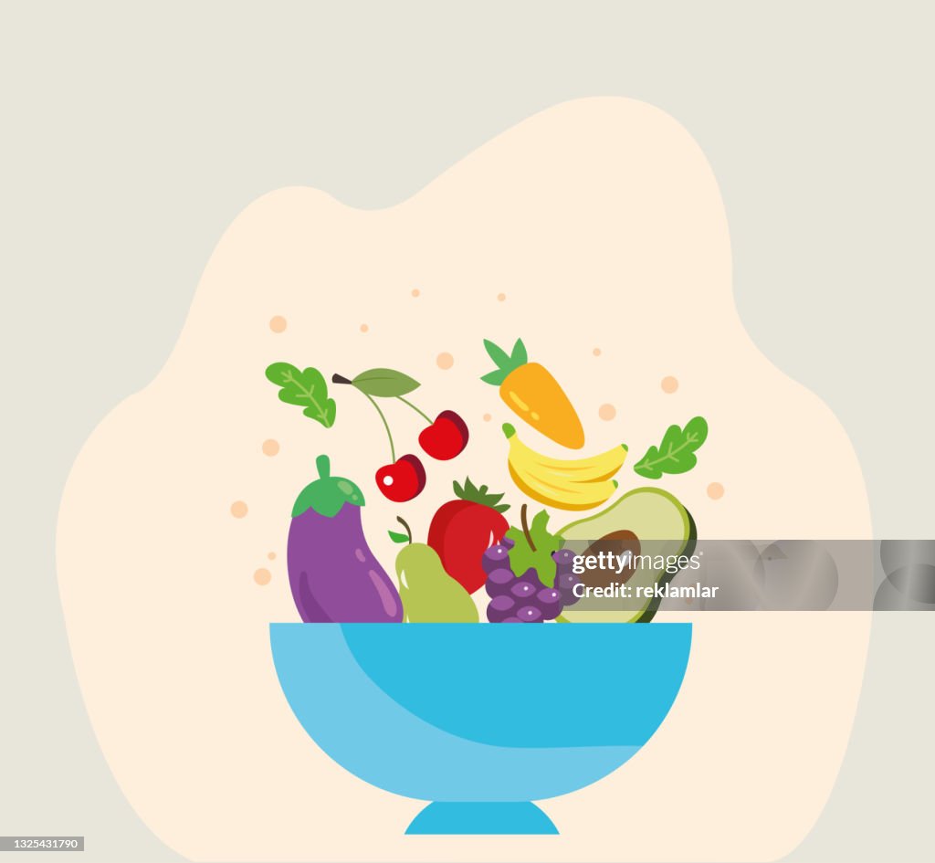 Fresh summer fruits and vegetables of greens, berries and vegetables sprinkled in a deep plate. . Vector realistic illustration isolated on white and pink background. Illustration of ripe vegetables and sweet fruits on a blue plate.