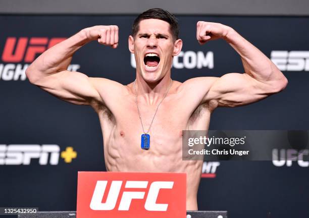 Charles Rosa poses on the scale during the UFC weigh-in at UFC APEX on June 25, 2021 in Las Vegas, Nevada.