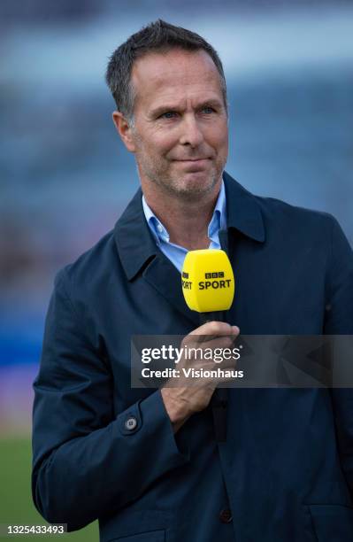 Michael Vaughan works as a pundit on BBC Sport before the 2nd T20I between England and Sri Lanka at Sophia Gardens on June 24, 2021 in Cardiff, Wales.