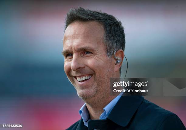 Michael Vaughan works as a pundit on BBC Sport before the 2nd T20I between England and Sri Lanka at Sophia Gardens on June 24, 2021 in Cardiff, Wales.