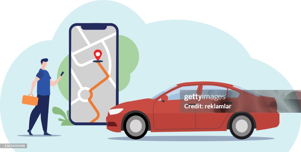Mobile GPS navigation, travel and tourism concept. Vector of man viewing a map on his mobile phone and looking for GPS coordinates. Man lost on the road to the city searches on the navigation.