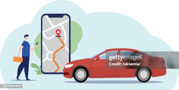 mobile gps navigation, travel and tourism concept. vector of man viewing a map on his mobile phone and looking for gps coordinates. man lost on the road to the city searches on the navigation. - cell signaling pathway stock illustrations