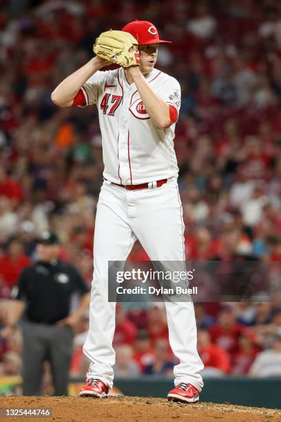 Brad Brach of the Cincinnati Reds pitches in the ninth inning against the Atlanta Braves at Great American Ball Park on June 24, 2021 in Cincinnati,...