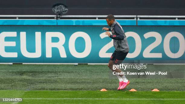 Mathias Jorgensen of Denmark warms up during the Denmark Training Session ahead of the UEFA Euro 2020 Round of 16 match between Wales and Denmark at...