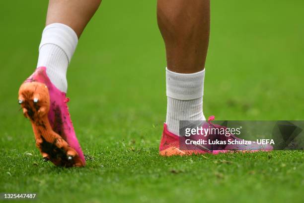 Detailed view of Jens Stryger Larsen of Denmark's boots are seen during the Denmark Training Session ahead of the UEFA Euro 2020 Round of 16 match...
