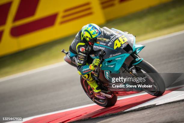 Valentino Rossi of Italy and Petronas Yamaha SRT rides during the MotoGP free practice at TT Circuit Assen on June 25, 2021 in Assen, Netherlands.
