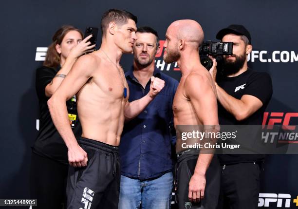 Opponents Charles Rosa and Justin Jaynes face off during the UFC weigh-in at UFC APEX on June 25, 2021 in Las Vegas, Nevada.