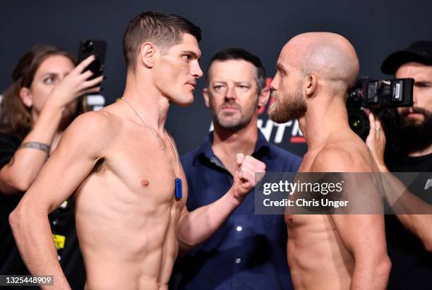 Opponents Charles Rosa and Justin Jaynes face off during the UFC weigh-in at UFC APEX on June 25, 2021 in Las Vegas, Nevada.