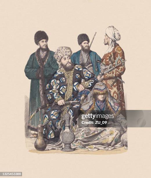 19th century, central asian costumes, hand-colored wood engraving, published c1880 - samarkand uzbekistan stock illustrations