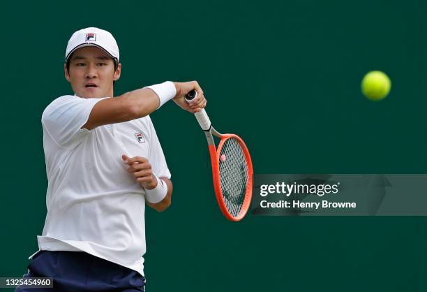 Soonwoo Kwon of Korea in action during his men"u2019s singles semi final match against Alex De Mianur of Australia during day 7 of the Viking...