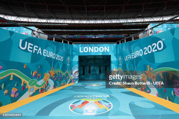 General view down the tunnel is seen prior to the media activities ahead of the UEFA Euro 2020 Round of 16 match between Italy and Austria at Wembley...