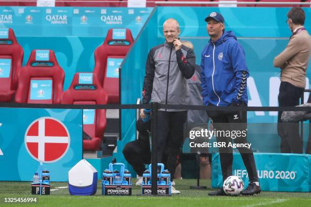 Nicolai Boilesen of Denmark and coach Kasper Hjulmand of Denmark during a Training Session of Denmark at Johan Cruijff Arena on June 25, 2021 in...