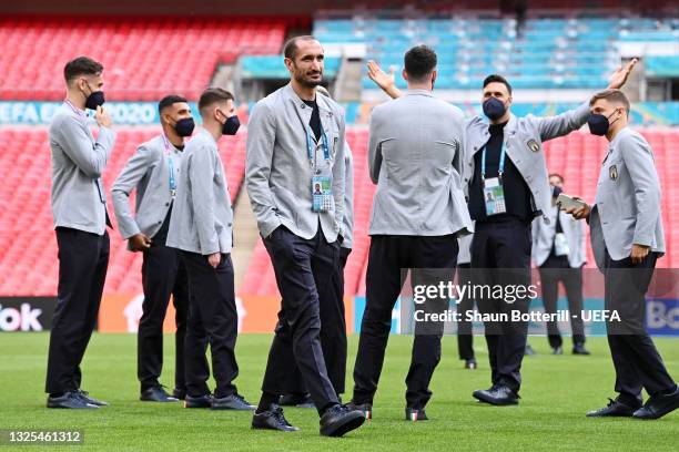 Giorgio Chiellini of Italy looks on during a pitch inspection during the media activities ahead of the UEFA Euro 2020 Round of 16 match between Italy...