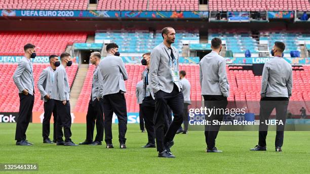 Giorgio Chiellini of Italy looks on during a pitch inspection during the media activities ahead of the UEFA Euro 2020 Round of 16 match between Italy...