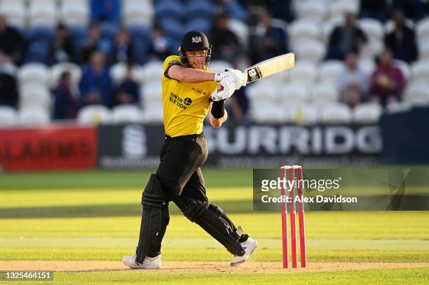 Glenn Phillips of Gloucestershire bats during the Vitality T20 Blast match between Sussex Sharks and Gloucestershire at The 1st Central County Ground...