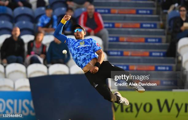 Tymal Mills of Sussex attempts a catch during the Vitality T20 Blast match between Sussex Sharks and Gloucestershire at The 1st Central County Ground...