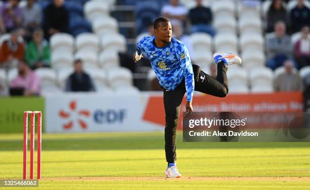 Delray Rawlins of Sussex bowls during the Vitality T20 Blast match between Sussex Sharks and Gloucestershire at The 1st Central County Ground on June...