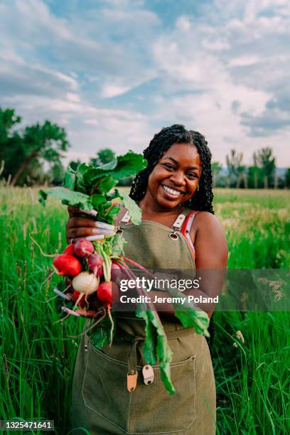 portrait of a happy young female african american farmer girl standing in a green wheat grass field outdoors holding delicious fresh red beets at a local small business farm-to-table supplier in colorado - country market stock pictures, royalty-free photos & images
