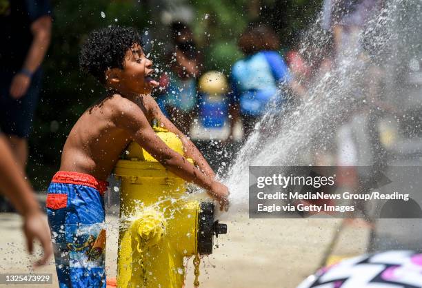 Reading, PA Children play in the spray from the fire hydrant opened during the City of Reading's Wacky Water Wednesday event. On South 3rd street...