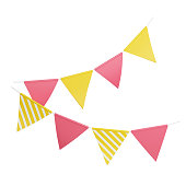 Party flags 3d render illustration. Pink and yellow triangular flags hanging on rope for birthday or holiday decoration