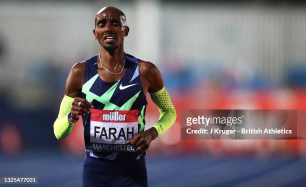 Sir Mo Farah of Newham and Essex Beagles finishes the Mens 10,000m Final during Day One of the Muller British Athletics Championships at Manchester...