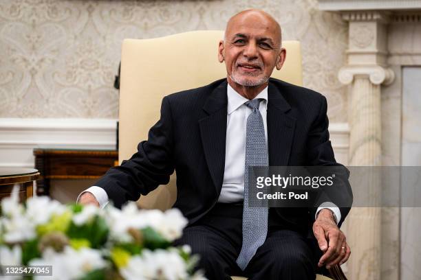 Afghanistan President Ashraf Ghani makes brief remarks during a meeting with U.S. President Joe Biden and Dr. Abdullah Abdullah, Chairman of the High...