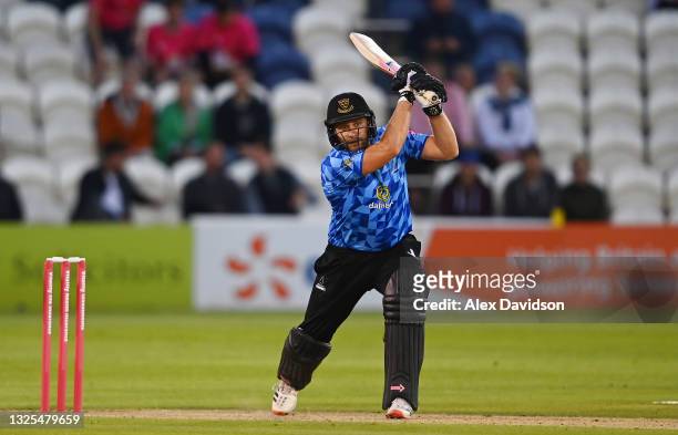 Luke Wright of Sussex hits runs during the Vitality T20 Blast match between Sussex Sharks and Gloucestershire at The 1st Central County Ground on...
