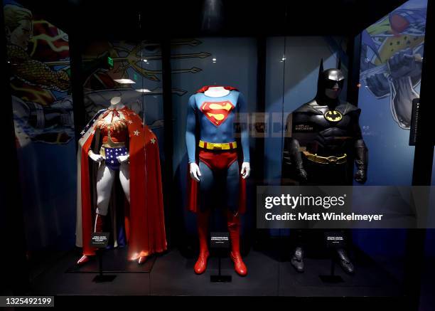 View of costumes on display in Action Made Here: DC Universe during the Warner Bros. Studio Tour Hollywood Grand Re-Opening at Warner Bros. Studios...