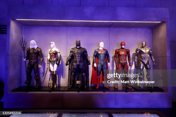 View of costumes on display in Action Made Here: DC Universe during the Warner Bros. Studio Tour Hollywood Grand Re-Opening at Warner Bros. Studios...