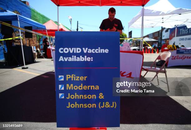 Sign displays the types of COVID-19 vaccination doses available at a Walgreens mobile bus clinic on June 25, 2021 in Los Angeles, California. The...