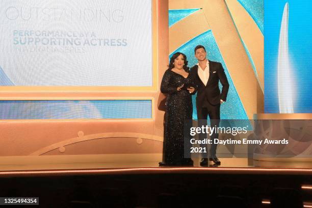 In this image released on June 25, Jackée Harry and Robert Scott Wilson speak during the 48th Annual Daytime Emmy Awards broadcast on June 25, 2021.