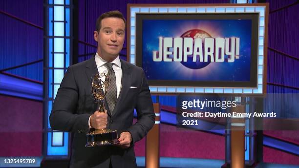 In this screenshot released on June 25, Mike Richards accepts the award for Outstanding Game Show for Jeopardy! during the 48th Annual Daytime Emmy...