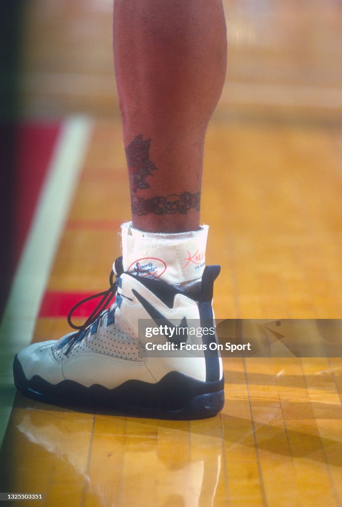 A detailed view of the Nike basketball shoes worn by Dennis Rodman