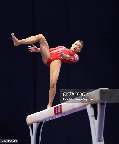 Leanne Wong stumbles while competing on the balance beam during the Women's competition of the 2021 U.S. Gymnastics Olympic Trials at America’s...