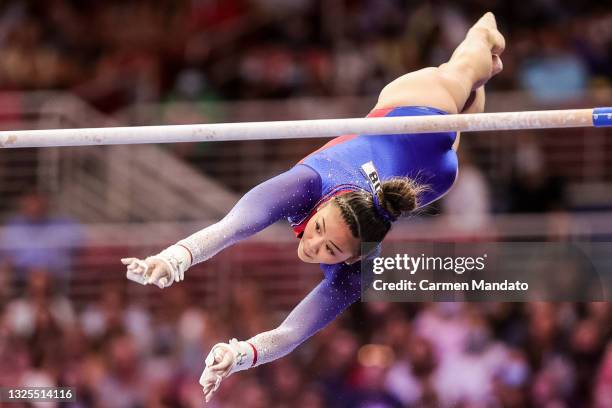 Sunisa Lee competes on uneven bars during day 2 of the women's 2021 U.S. Olympic Trials - Gymnastics at America’s Center on June 25, 2021 in St...