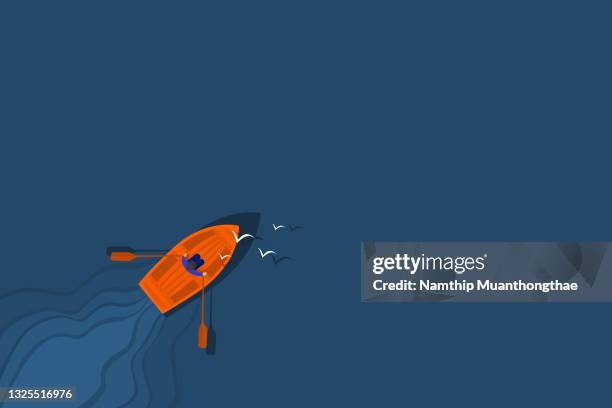 aerial view of sailing boat illustration concept shows the relaxation of tourist is rowing in the dark blue lake. - creative fishing stock-fotos und bilder